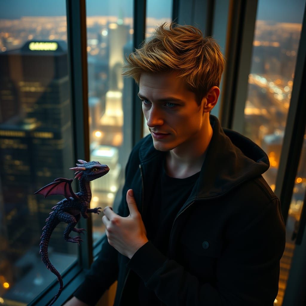 Man and Dragon Affection in a Cinematic Still