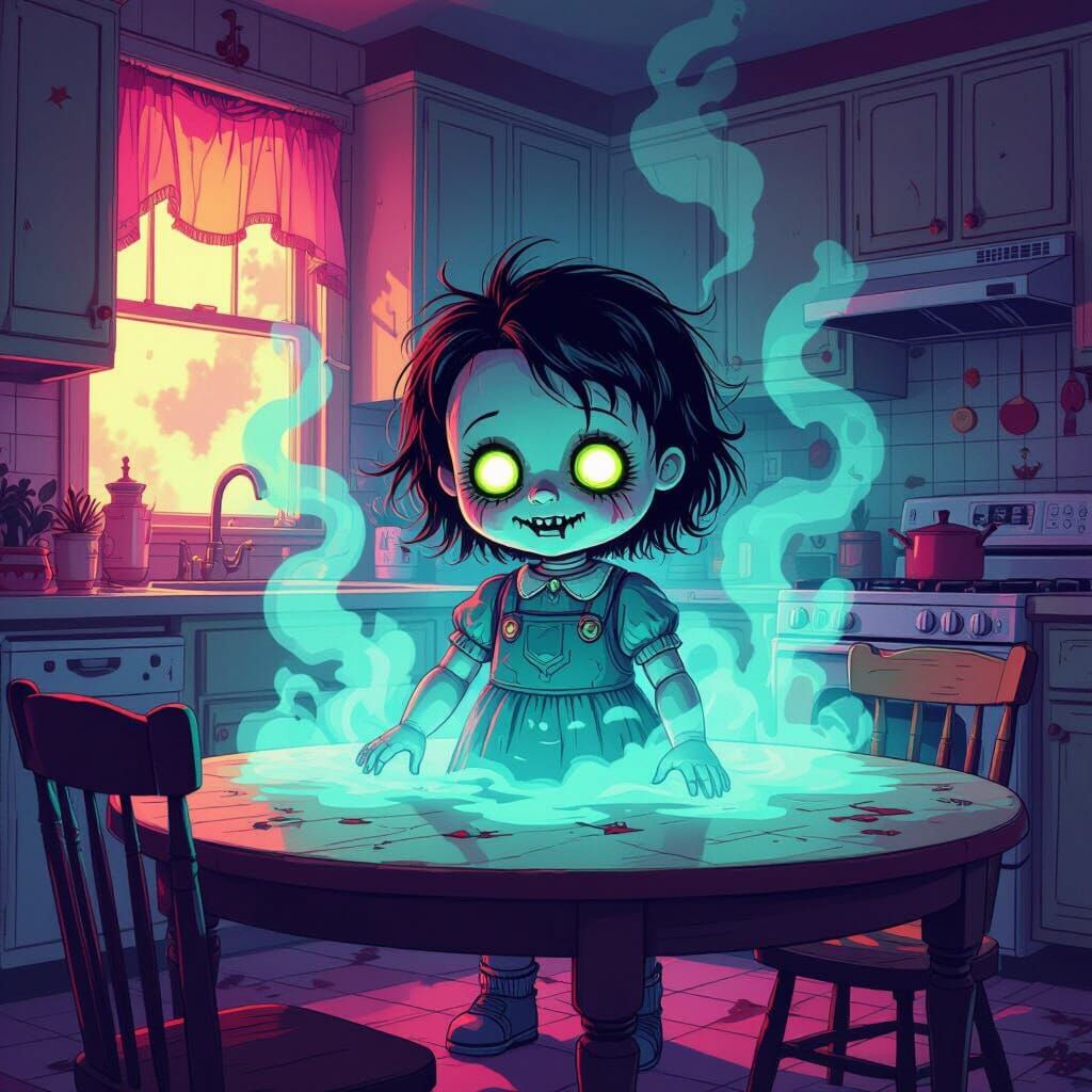 Creepy Cartoon Doll Reappears in Neon Kitchen