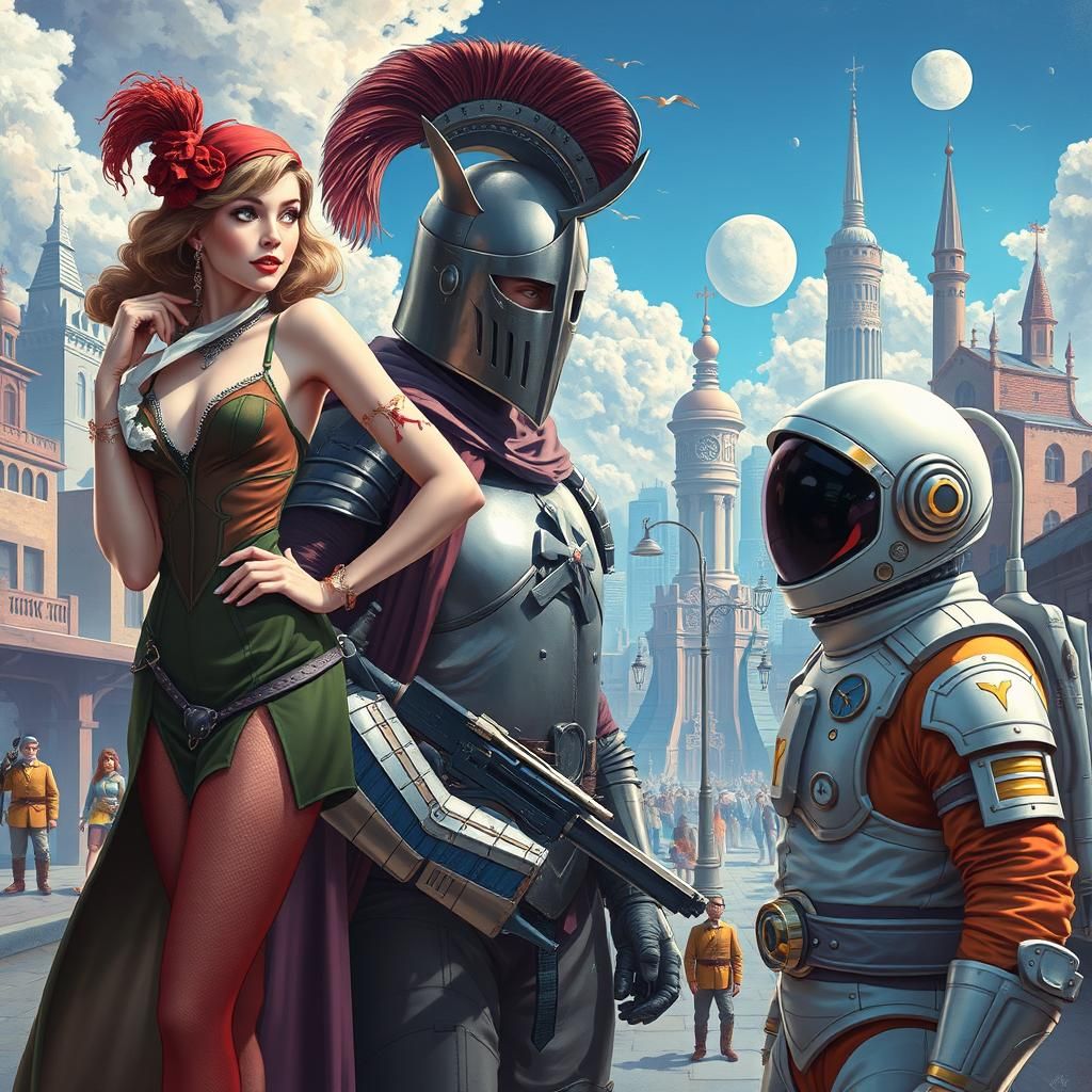 Surreal Gathering of Time Travelers in Futuristic Cityscape