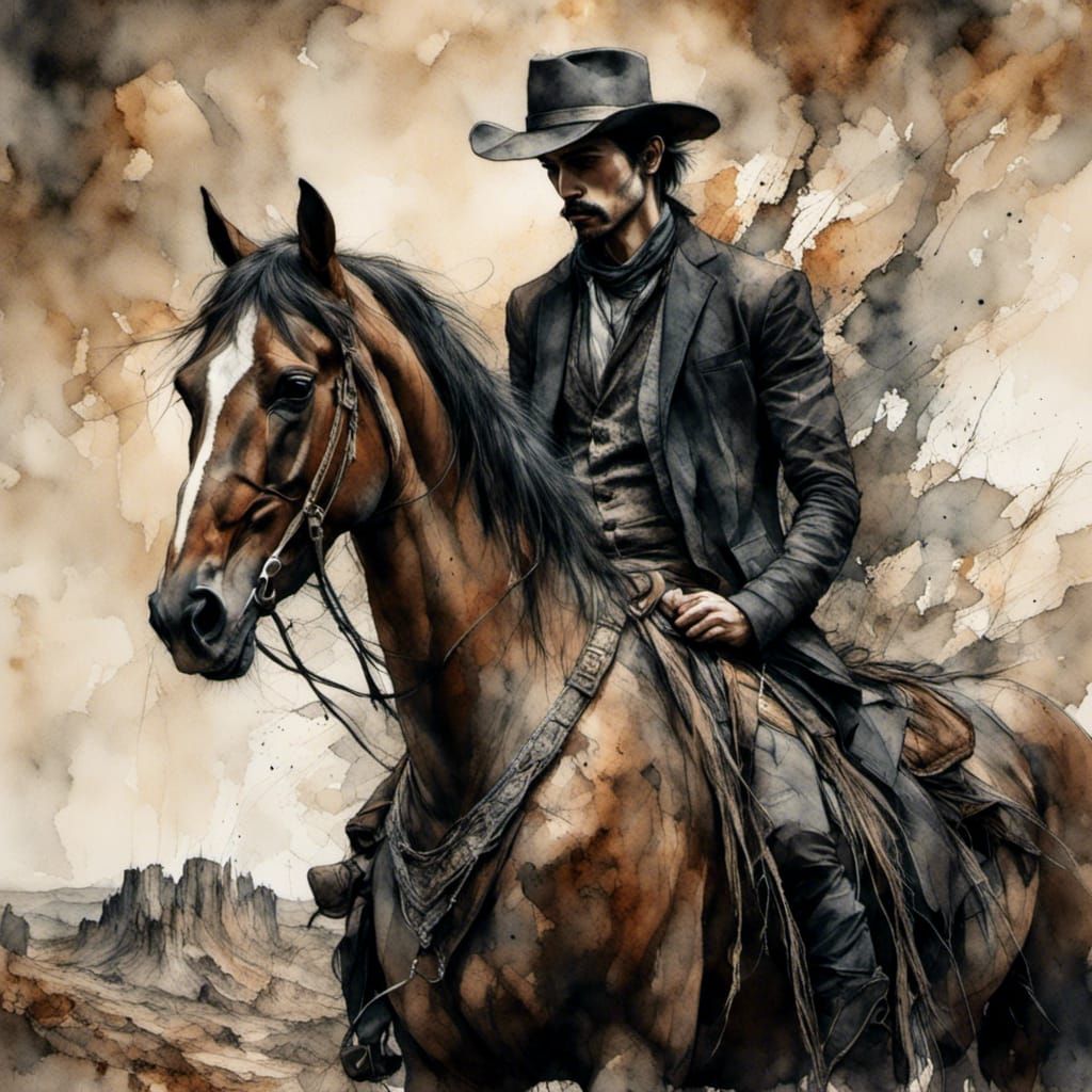 Handsome Cowboy in Desert Landscape, Vintage Style