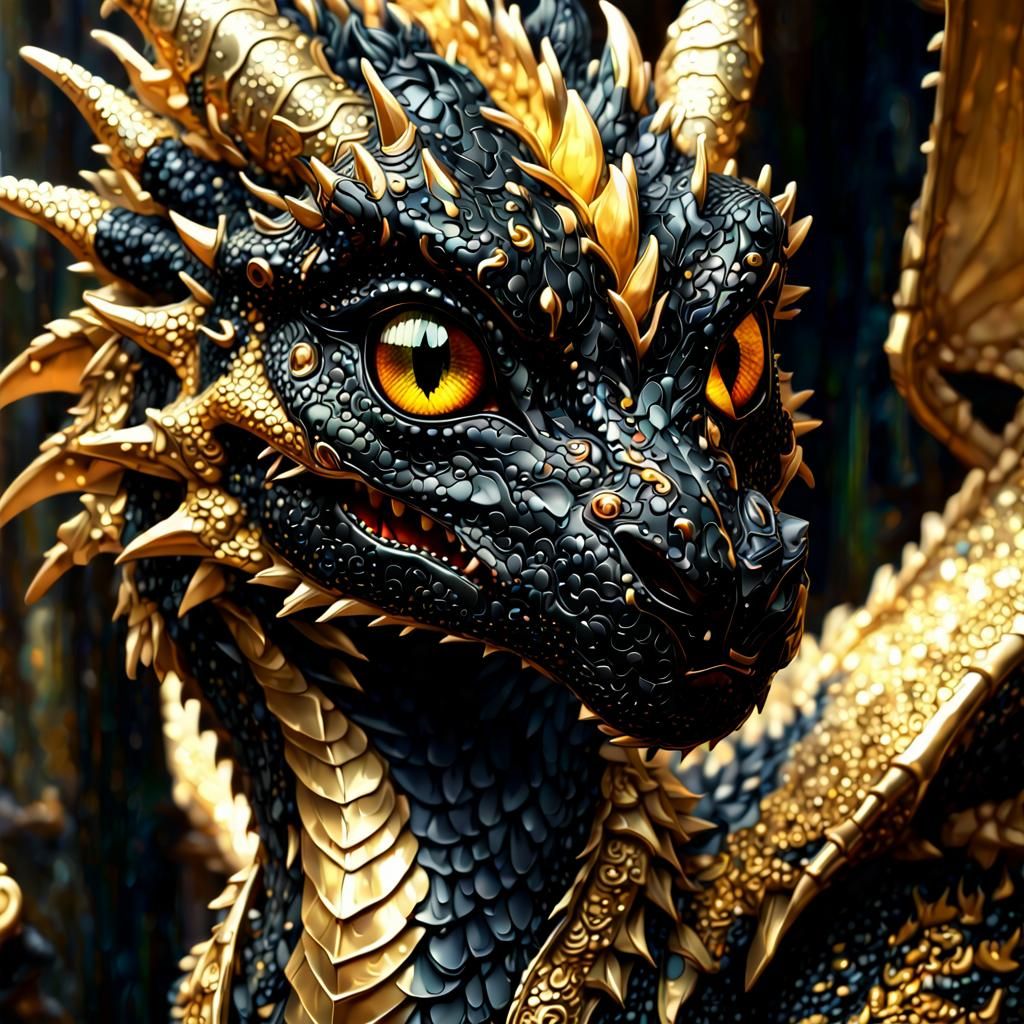 Detailed Portrait of a Gold and Black Dragon