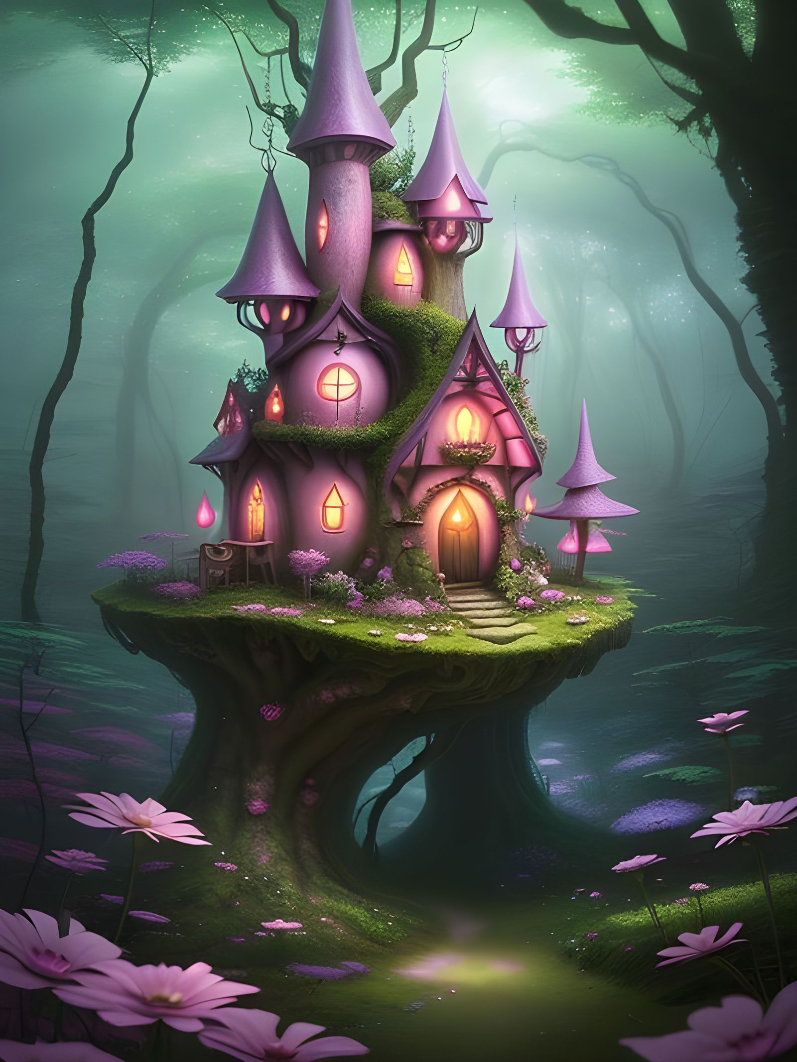 a pink fairy house in the middle of a mystic forest