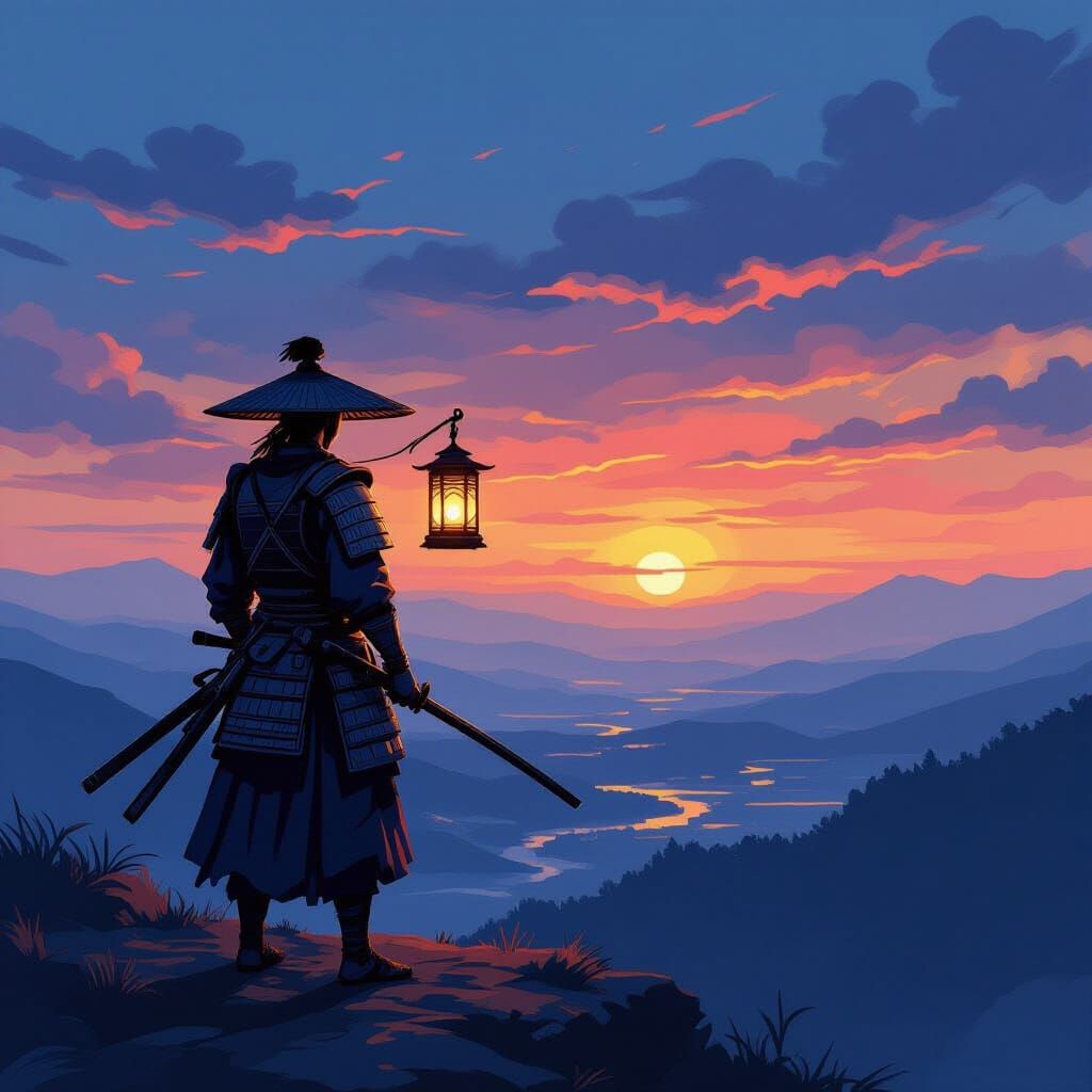 Samurai with Lantern at Dusk, in Post-Impressionism Style