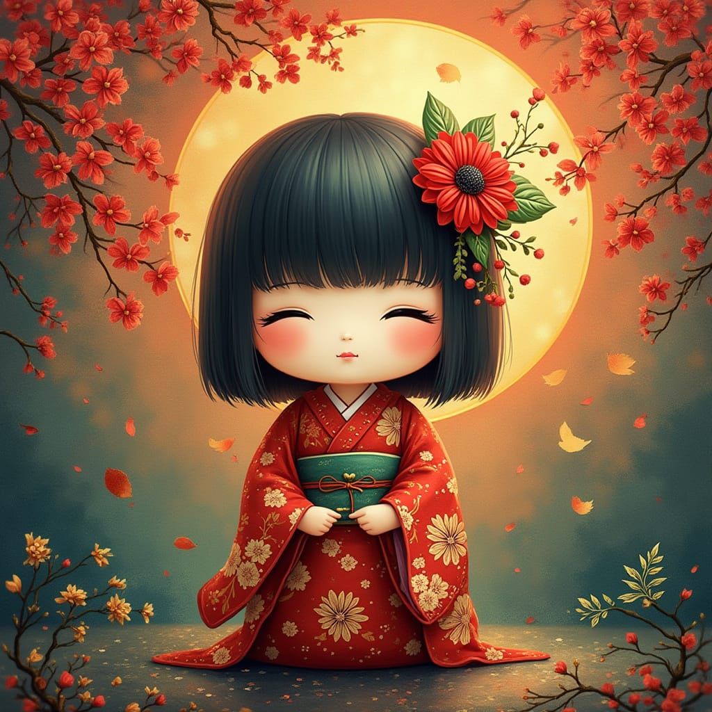 Vibrant Kokeshi Doll in a Sunset Garden