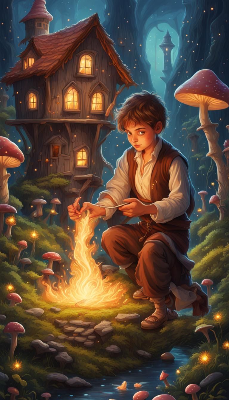Apprentice Sorcerer's Fire Spell Amidst Mushroom Village