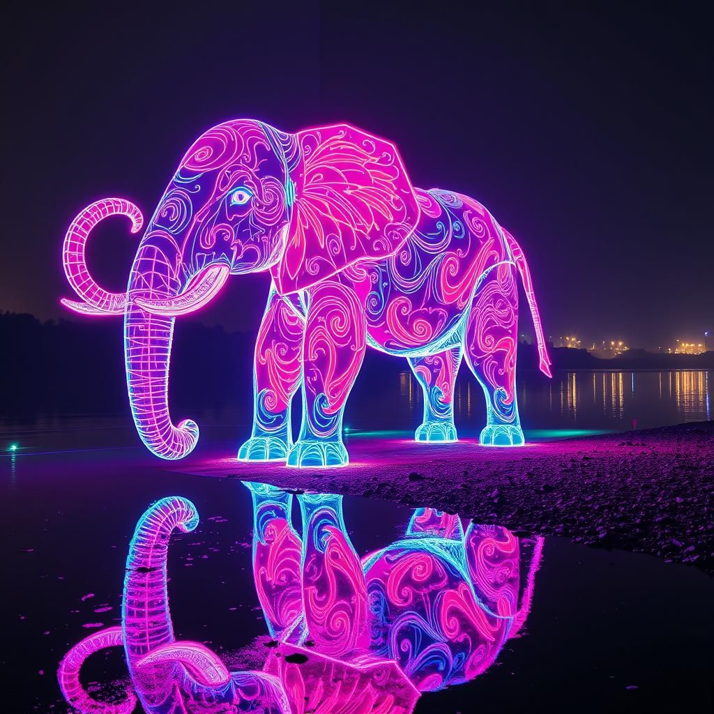 Luminous Elephant Reflected in Neon River, Digital Art