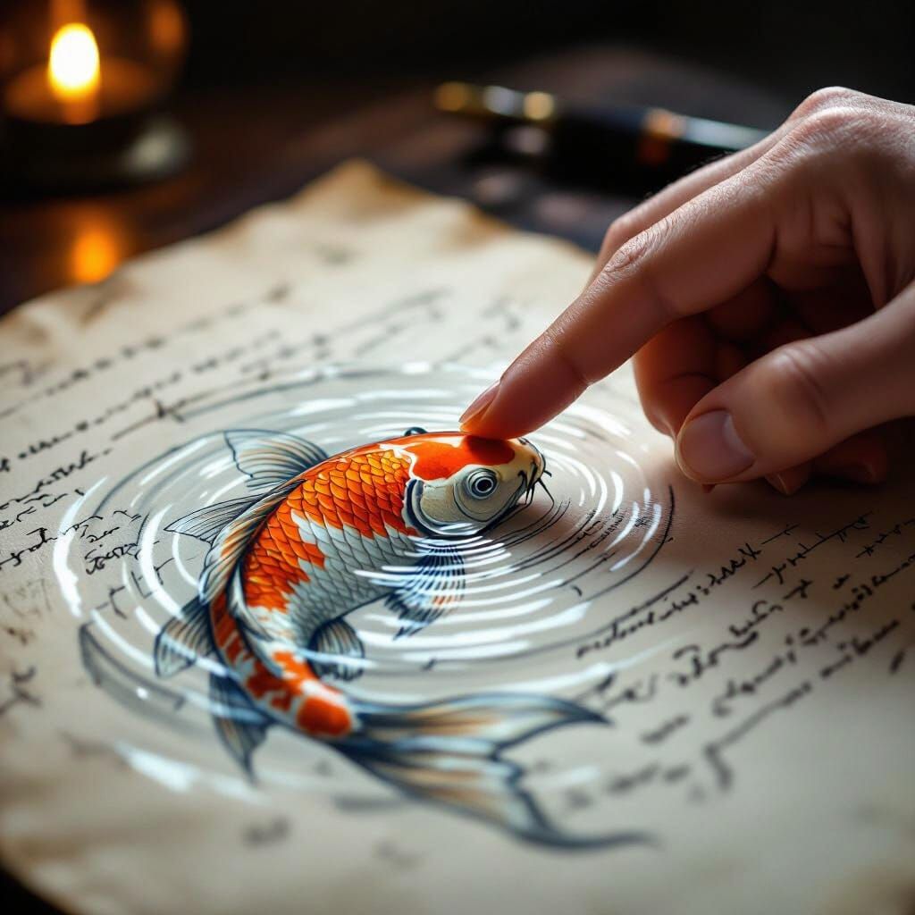 Fingerpoesie auf Papierwasser: Koi berührt die Stille