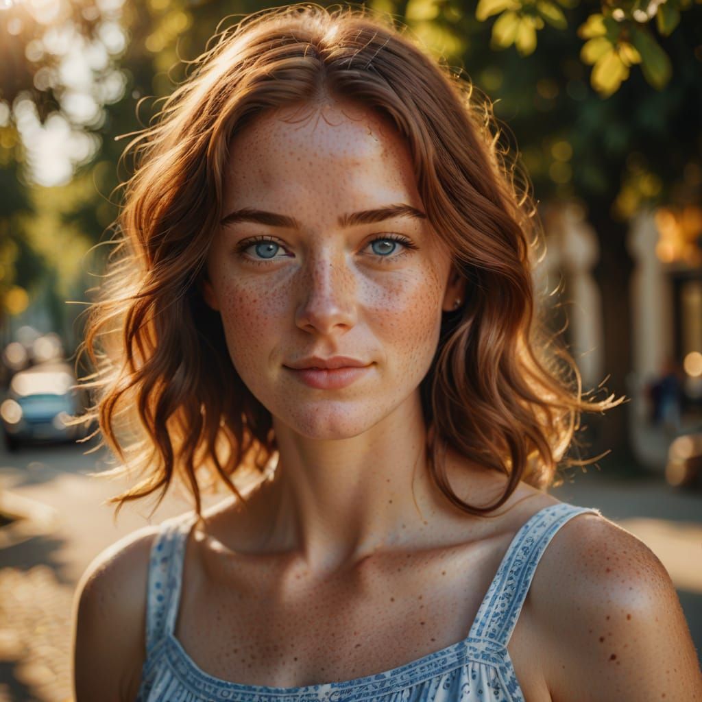 Woman with Freckles in Elegant Sundress Portrait