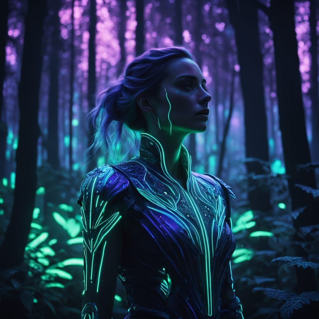 Ethereal Woman in a Neon-Lit Mystic Forest