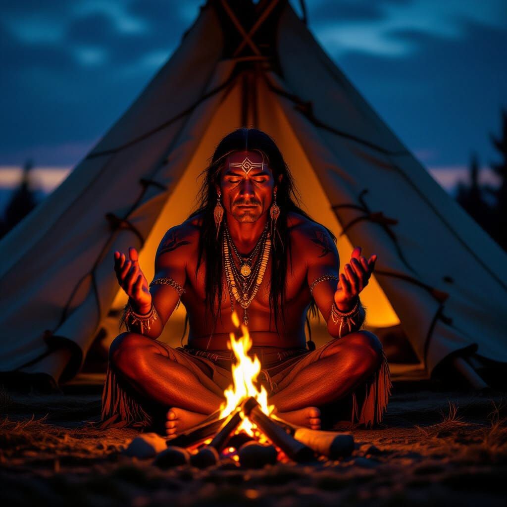Indigenous Shaman in Mystic Night Ritual, Campfire Glow