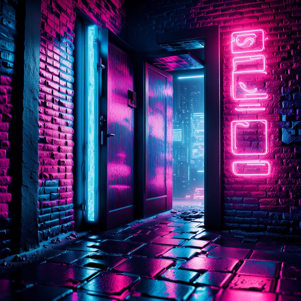 Cyberpunk Cityscape with Glitching Door in Neon Noir