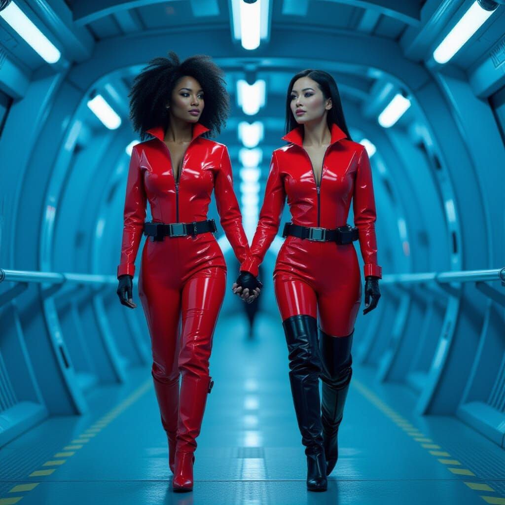 Women in Red Catsuits Strolling Futuristic Corridor