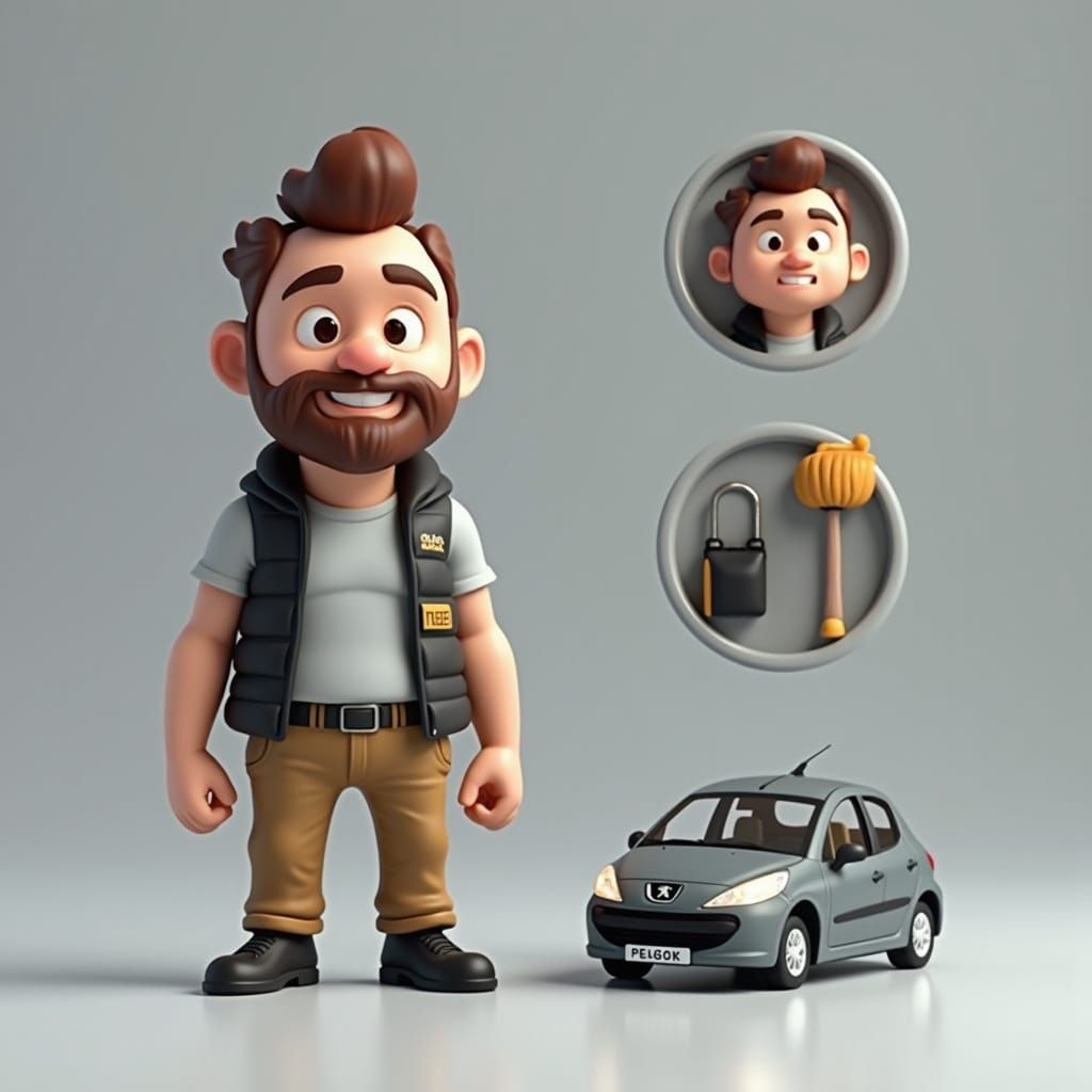 Stylized 3D Figurine in Minimalist Setting with Accessories