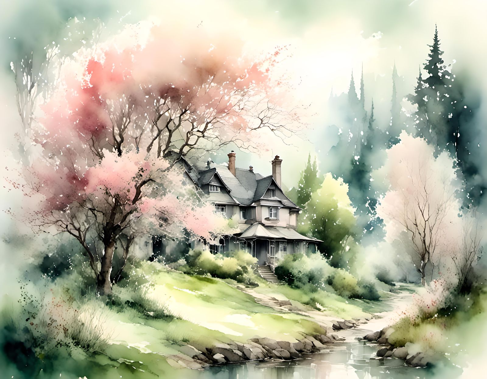 <lora:OneColor-Landscape:1.0> spring, pink flowering trees<l...