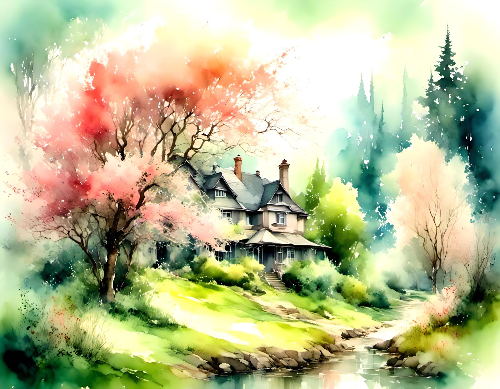 <lora:OneColor-Landscape:1.0> spring, pink flowering trees<l...