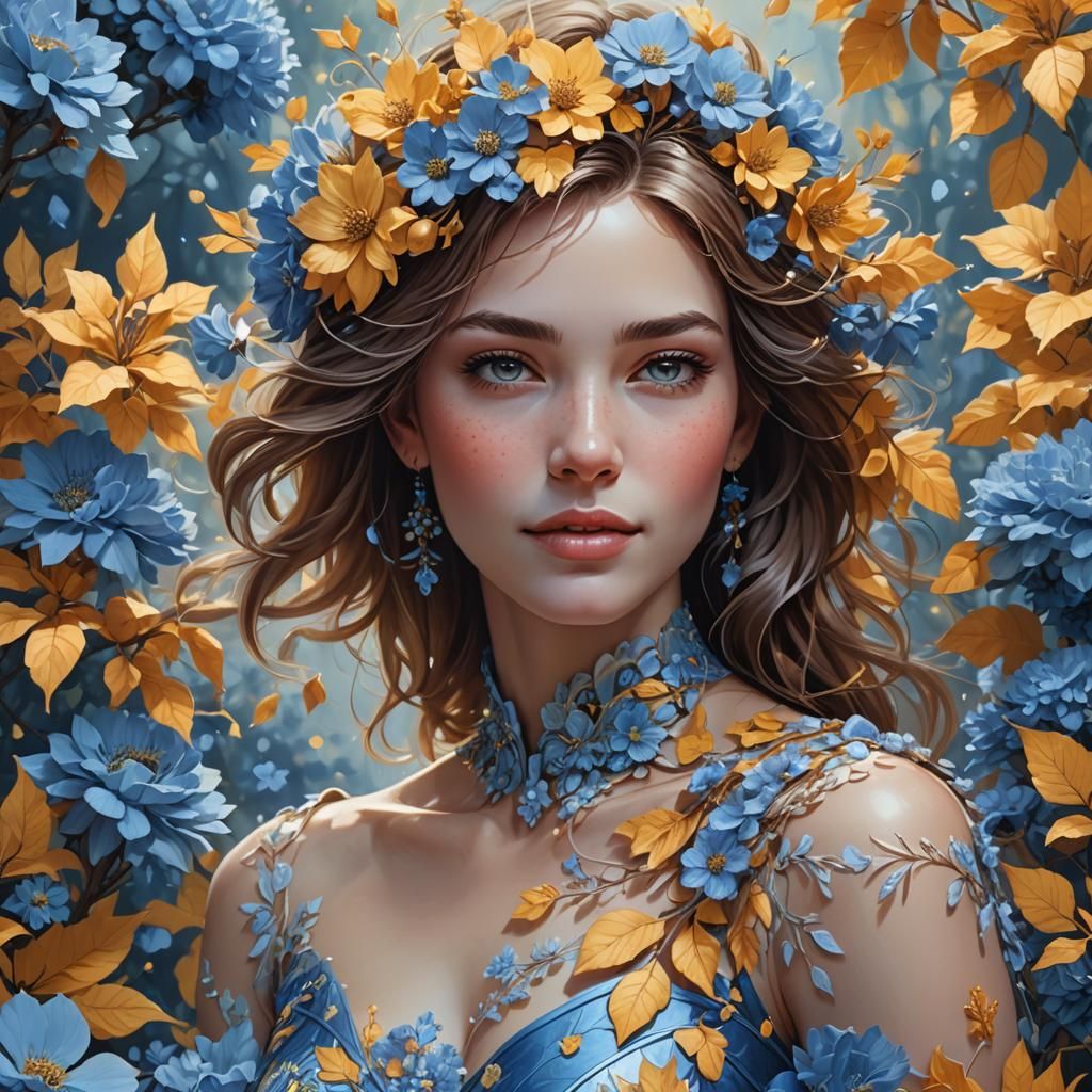 Blue Autumn Flowers Surround Serene Woman: Digital Art