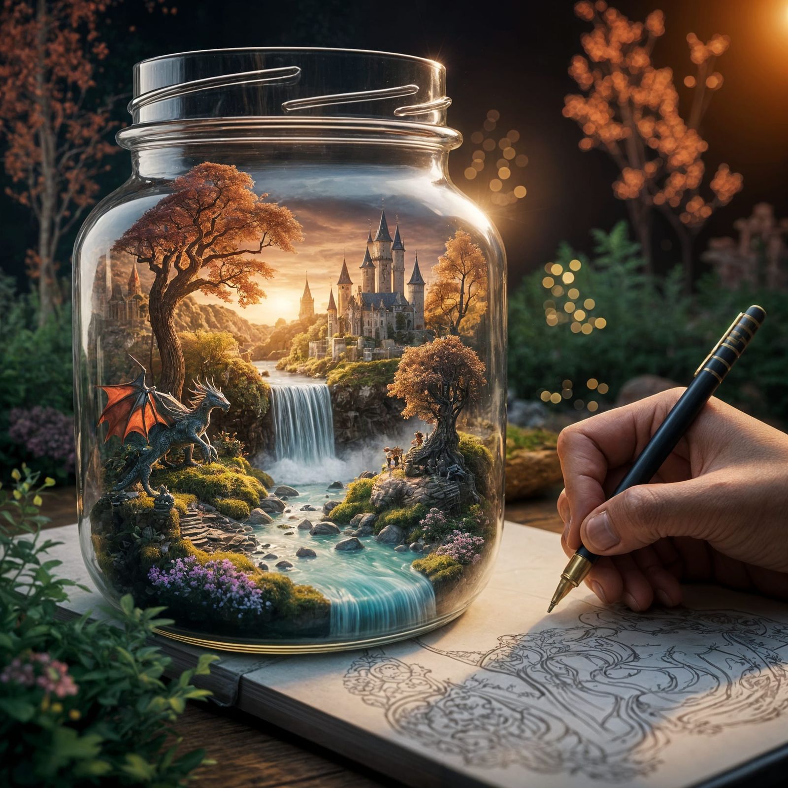 Enchanted Dragon Castle in Glass Jar, 3D Render