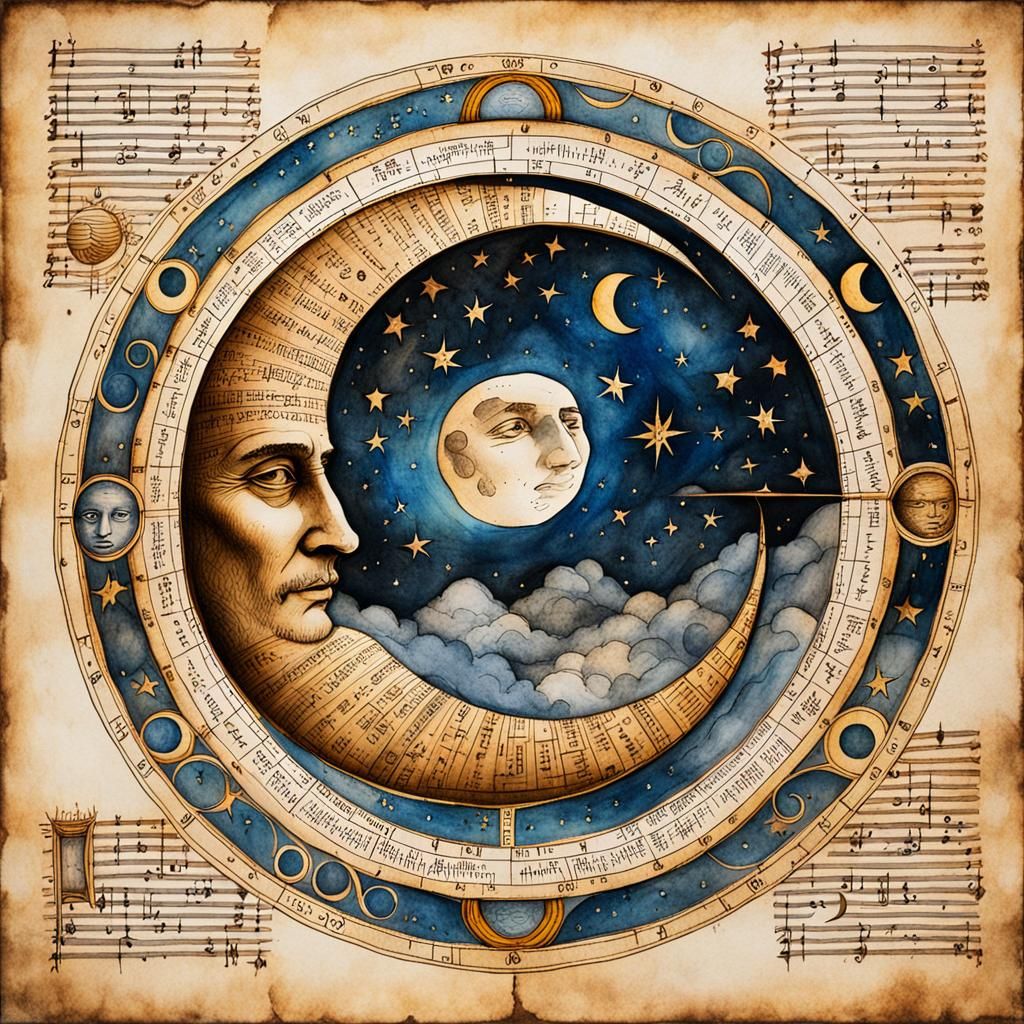 Moon Cycle Drawing on Papyrus in Da Vinci Style