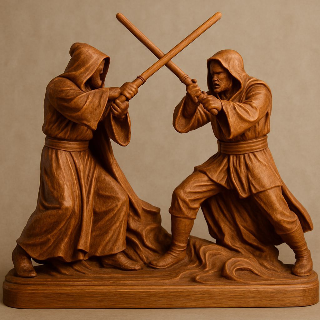 Detailed Wooden Sculpture of Jedi Lightsaber Battle