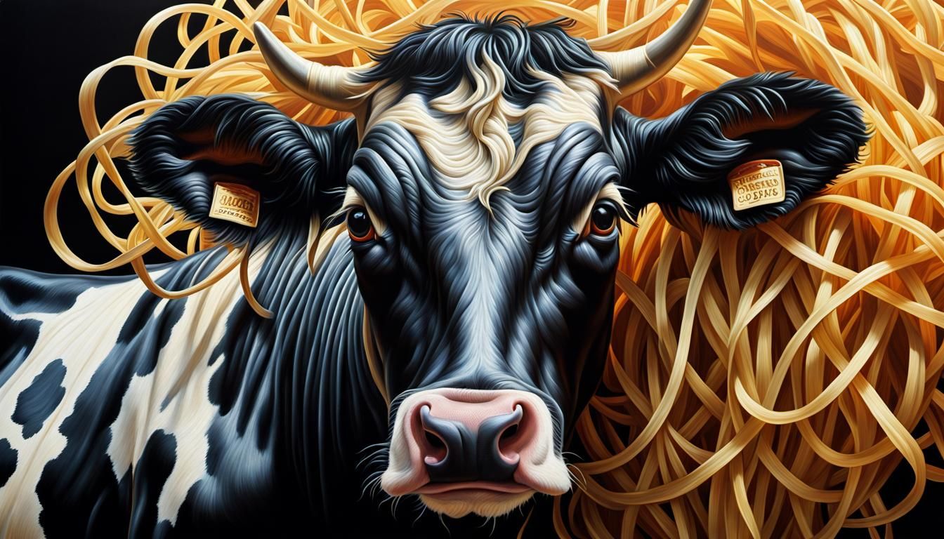 Spaghetti Cow: Hyper-Realistic Chiaroscuro Oil Painting