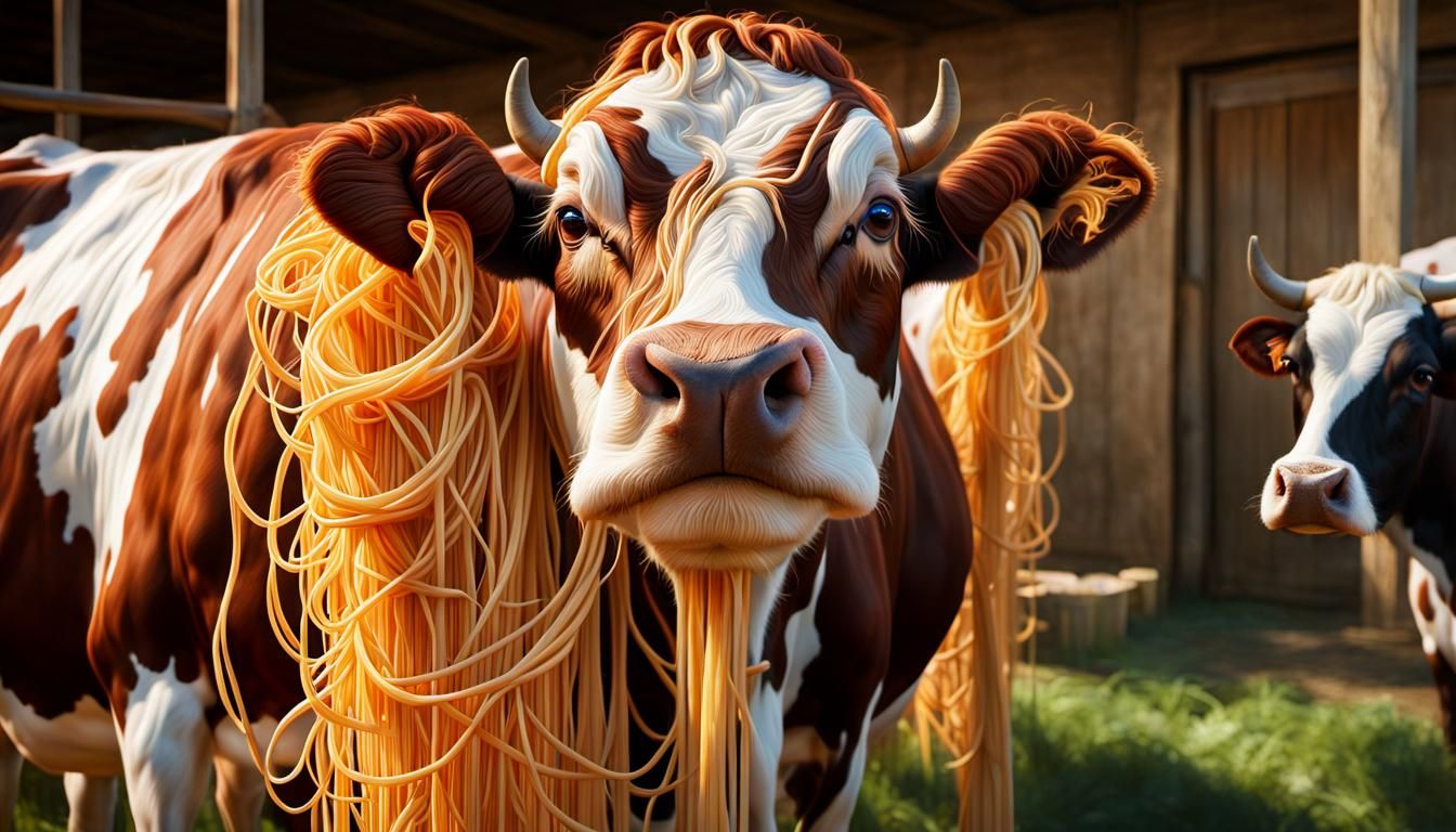 Spaghetti Cow in Farm, Hyperrealistic Digital Art
