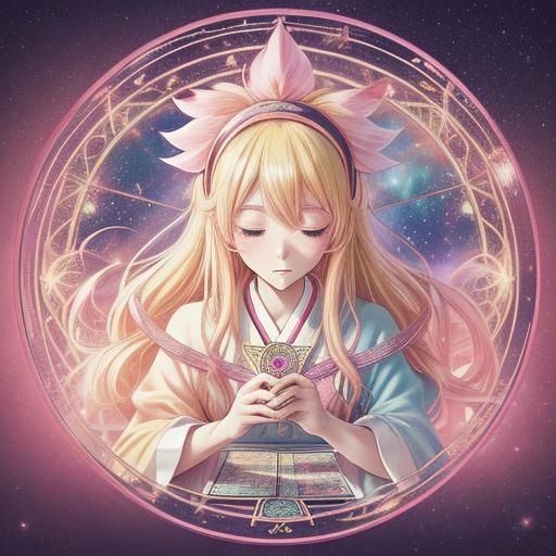 Anime Girl with Phoenix Tarot Cards in Manga Style