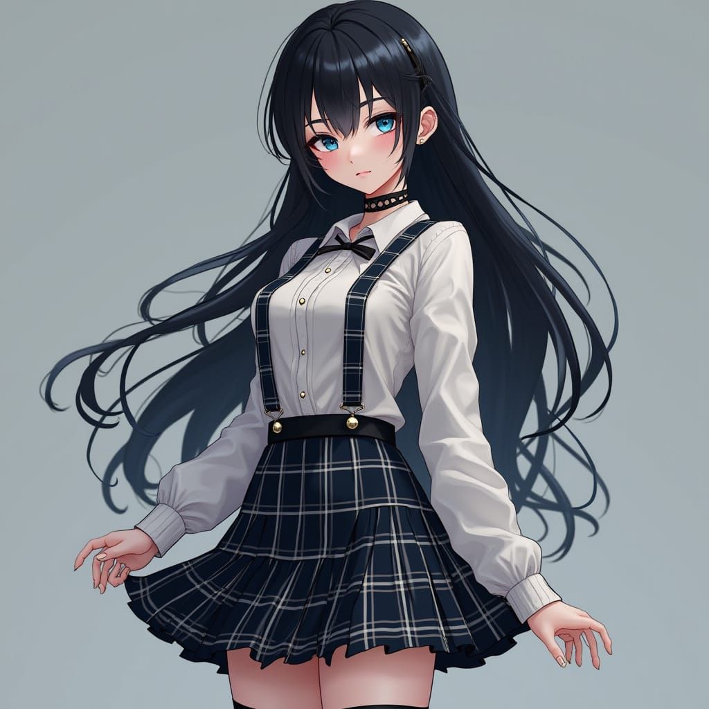 Anime Gothic Goddess in Plaid Skirt and Choker