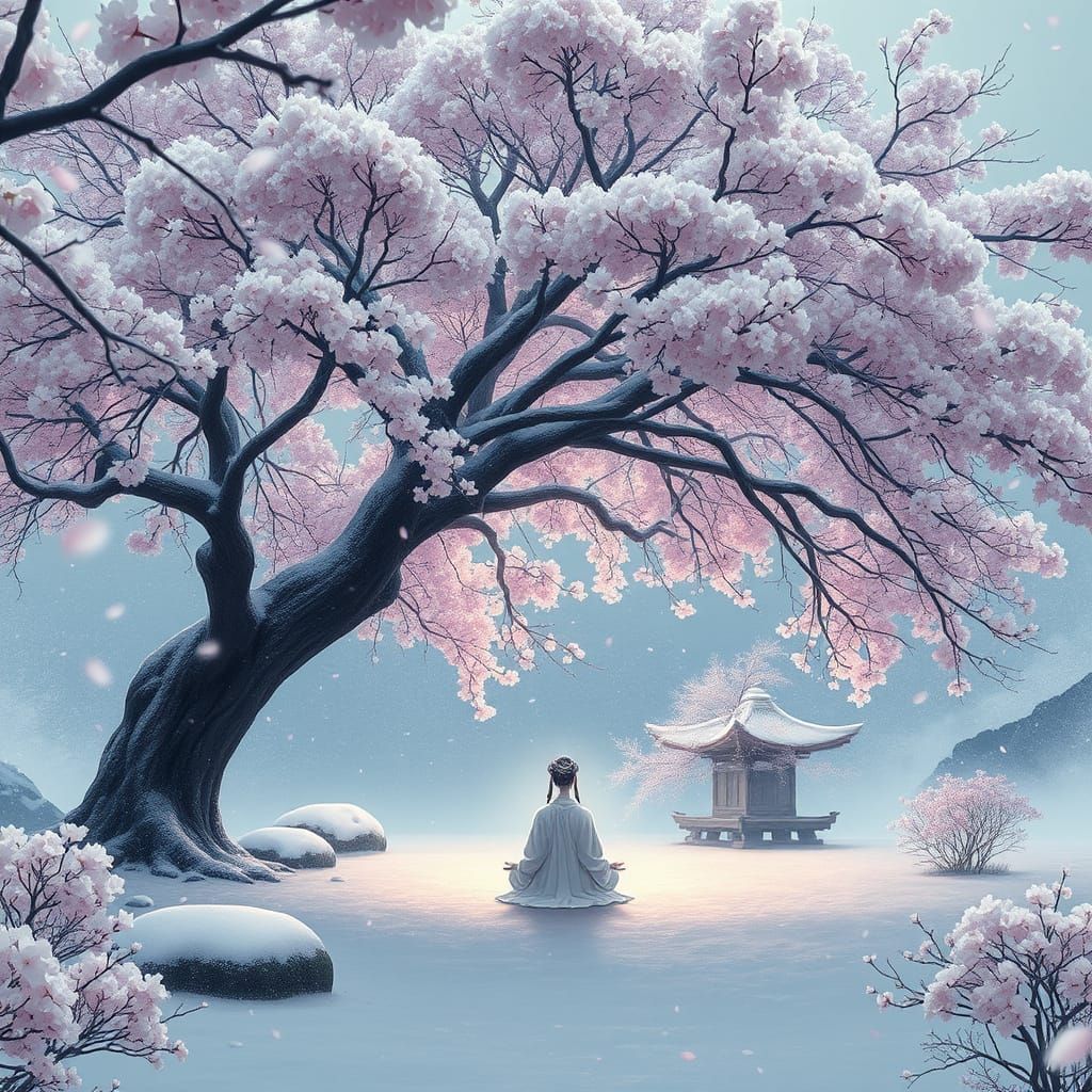 Winter Japanese Garden with Meditating Figure, Ethereal Peta...