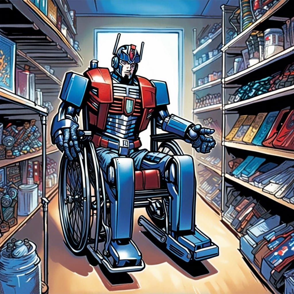 Optimus Prime Made of Wheelchairs: A Comic Book Scene