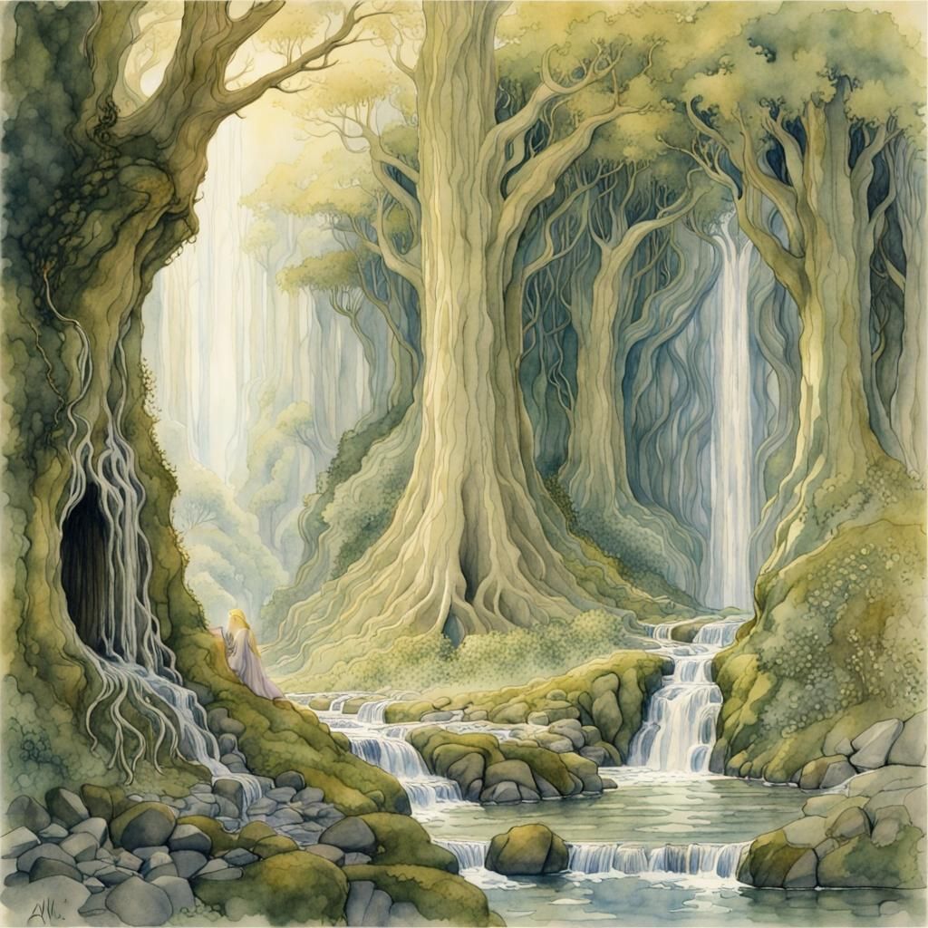 Watercolor Painting of Galadriel's Lothlorien