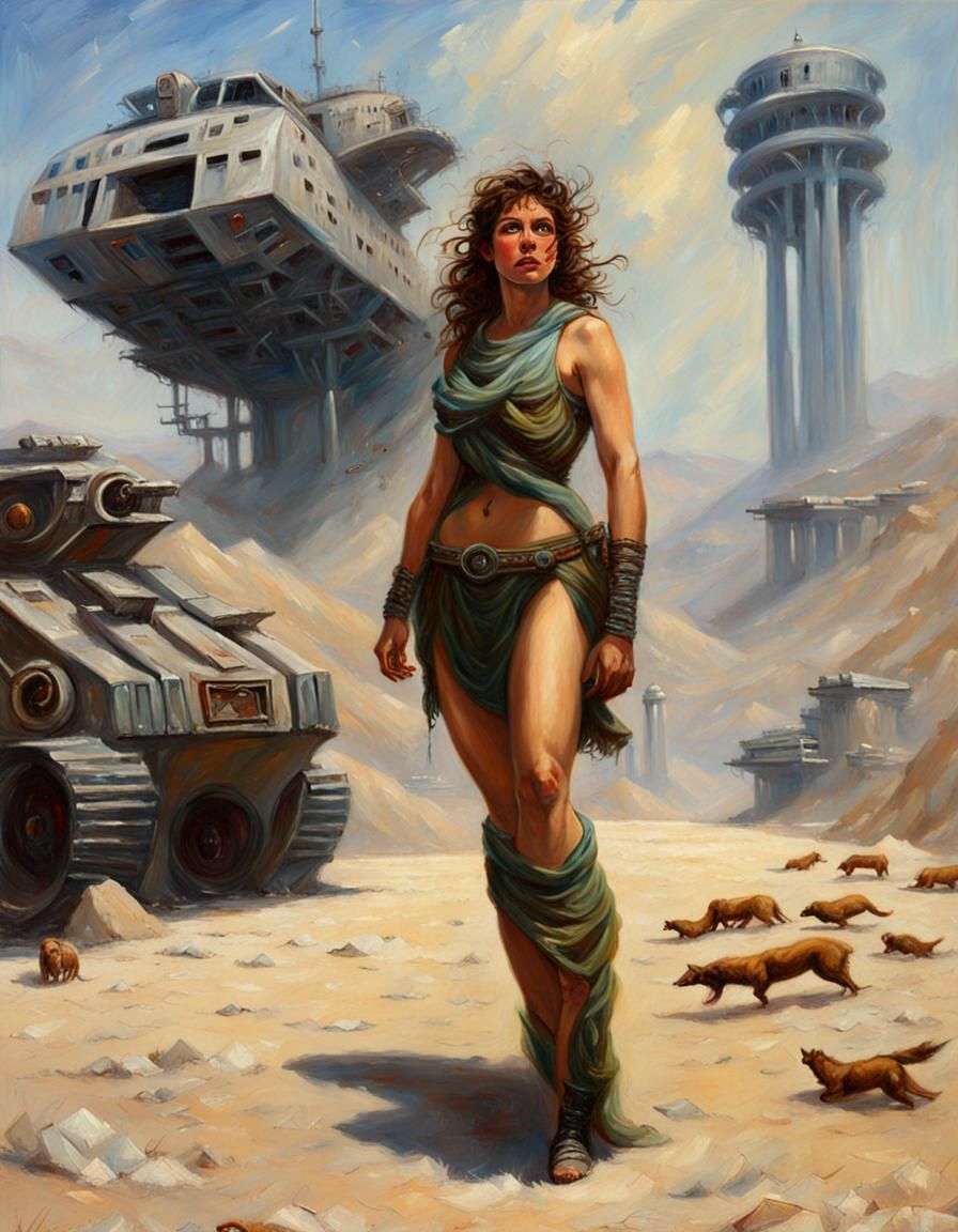 A Greek Demi-goddess in a sci-fi warzone oil painting by James Gurney