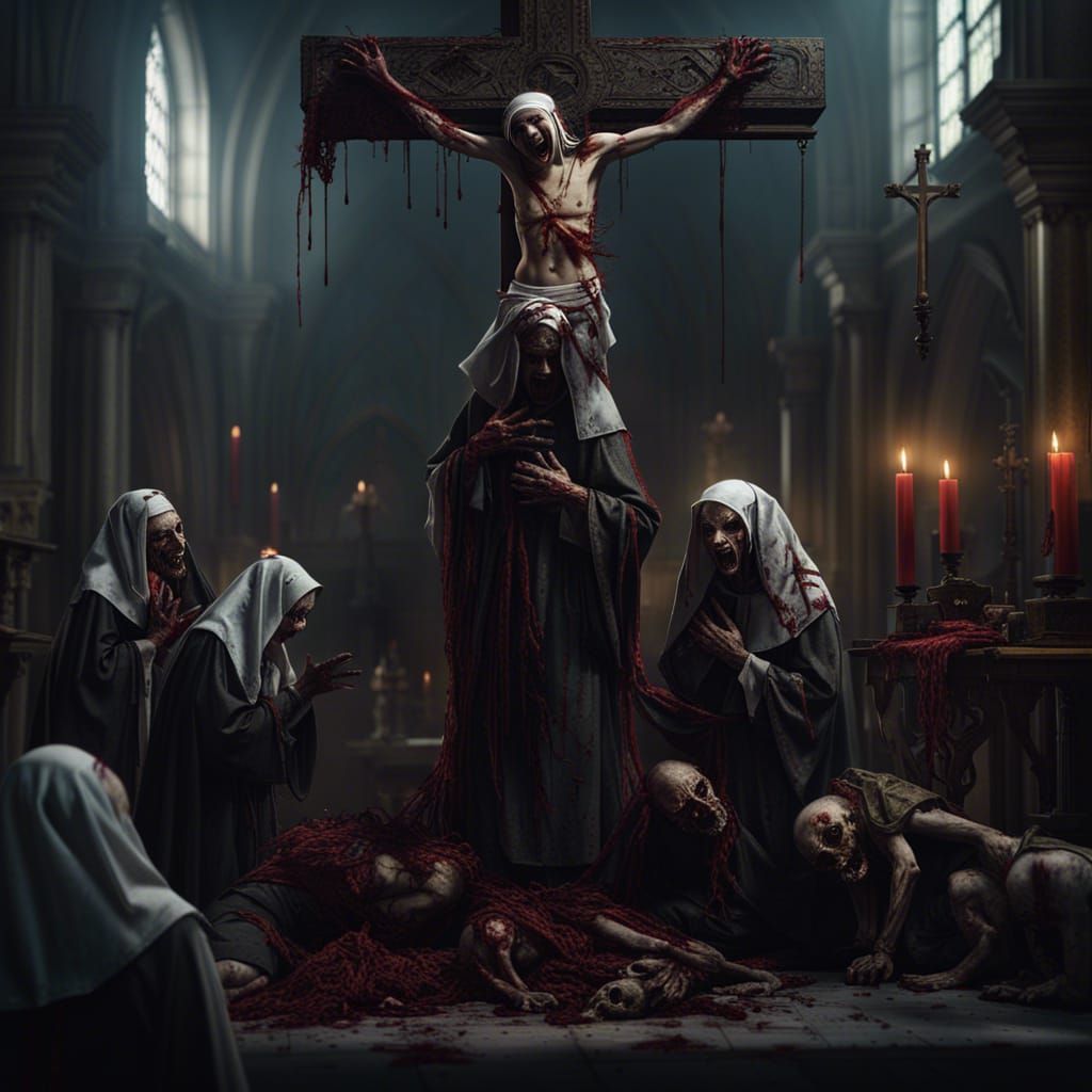 Demonic Nuns Vomiting Zombie Babies: Detailed Matte Painting