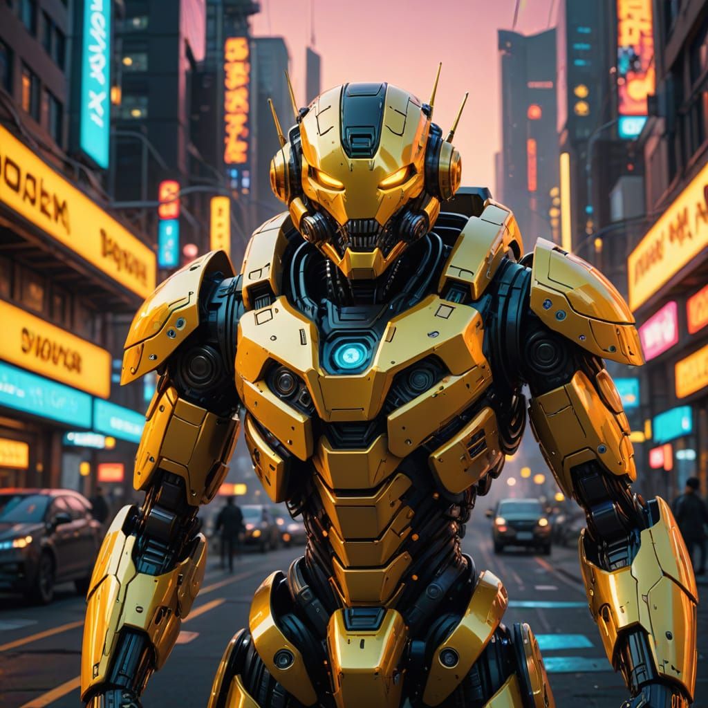 Cyberpunk Yellow Smiley Face Mech in Futuristic Cityscape