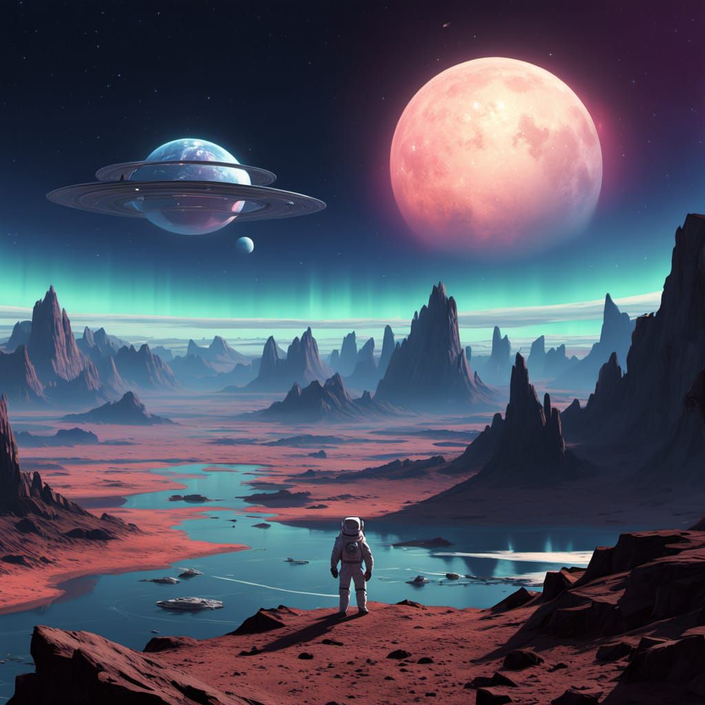 Astronaut Gazing at Aurora on Alien Planet