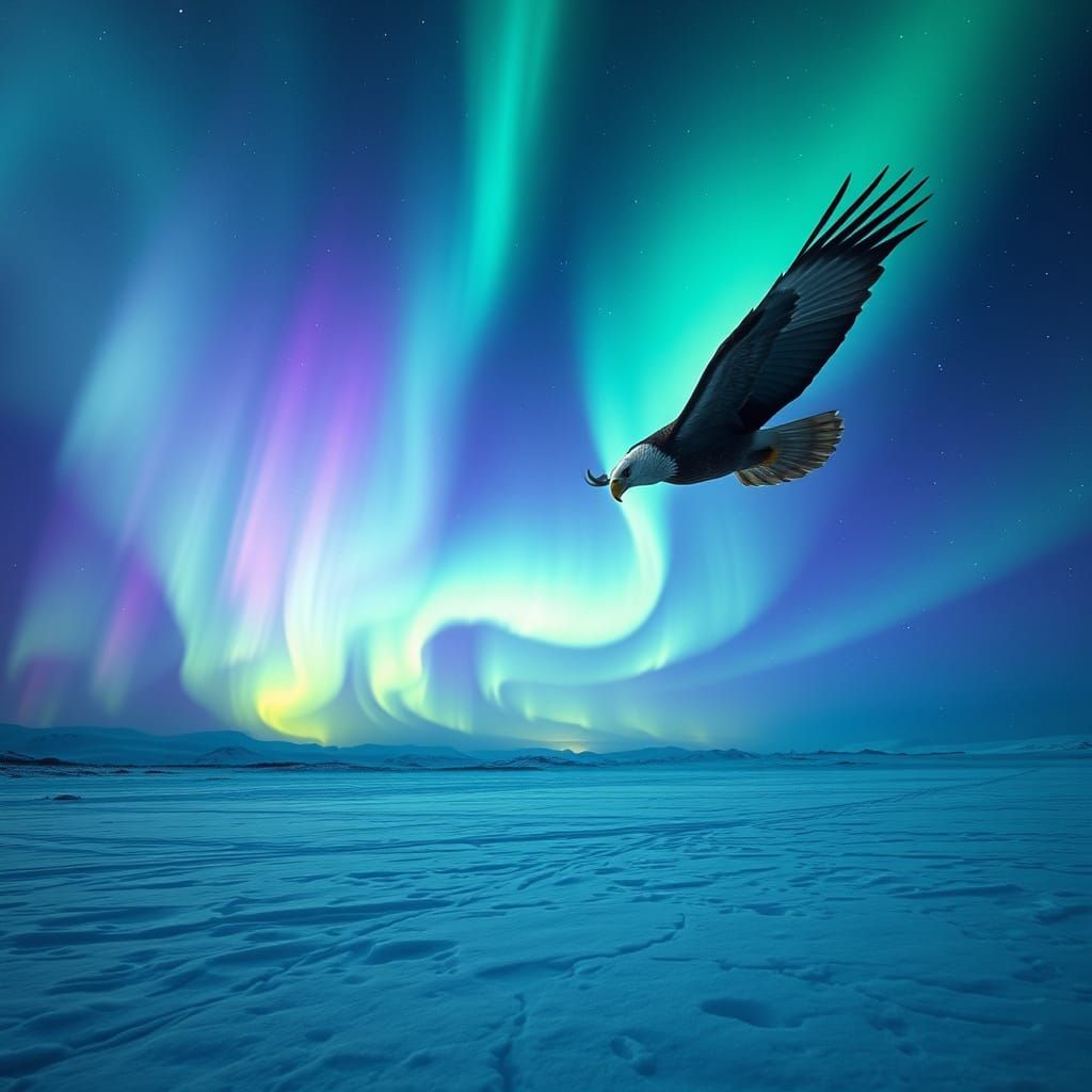 Eagle Soaring Under Aurora Borealis