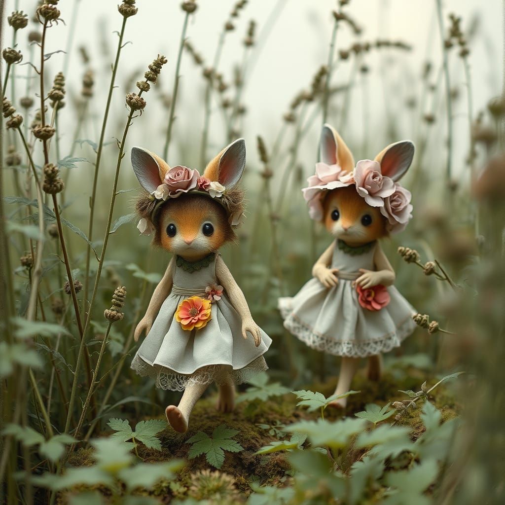 Fairy-Tale Creatures in Nettle Field, Classic Illustration