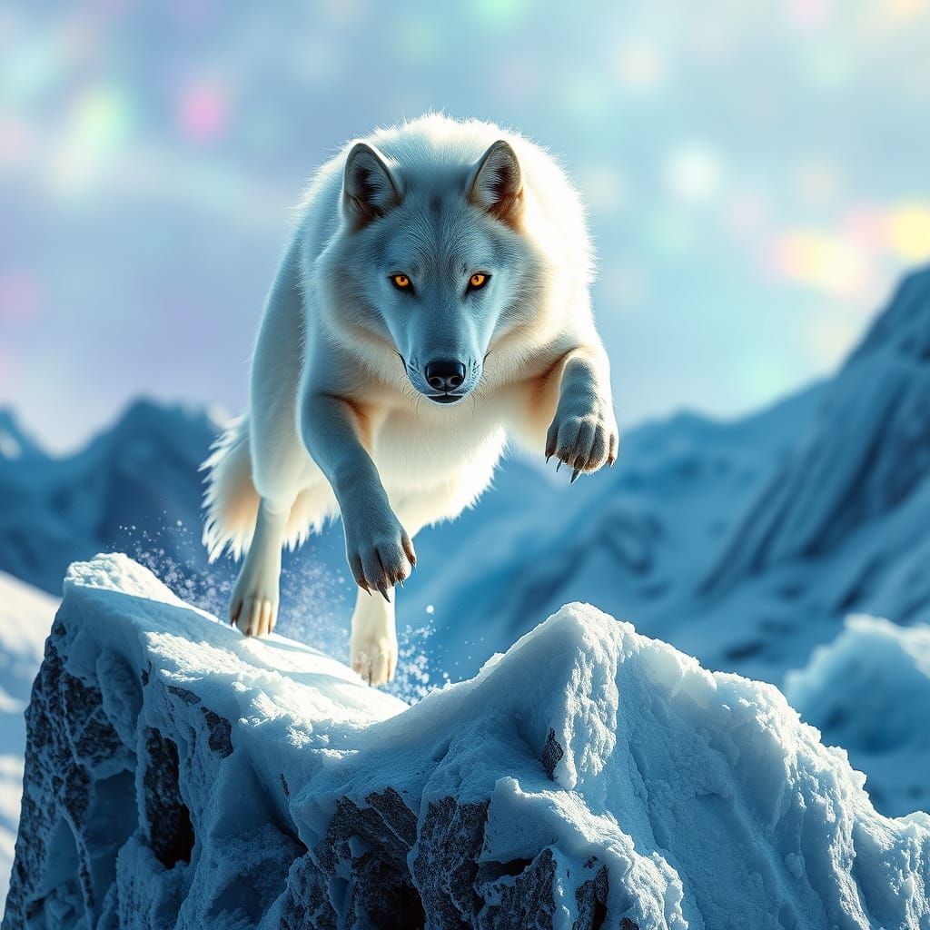 Stunning Arctic Wolf Leaps from Frosty Rock in Crystal Tundr...
