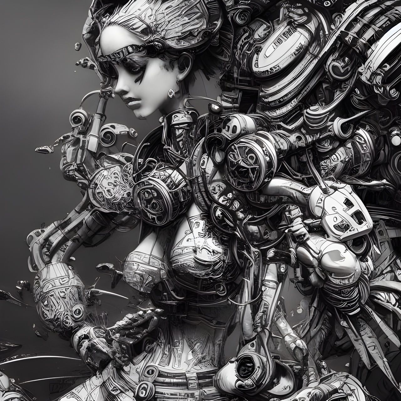 Girls Repairing Robot: Hyper-Detailed Ink Drawing