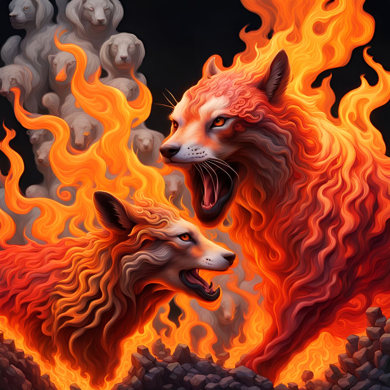 Vibrant Flames with Animal Designs in Surreal Style