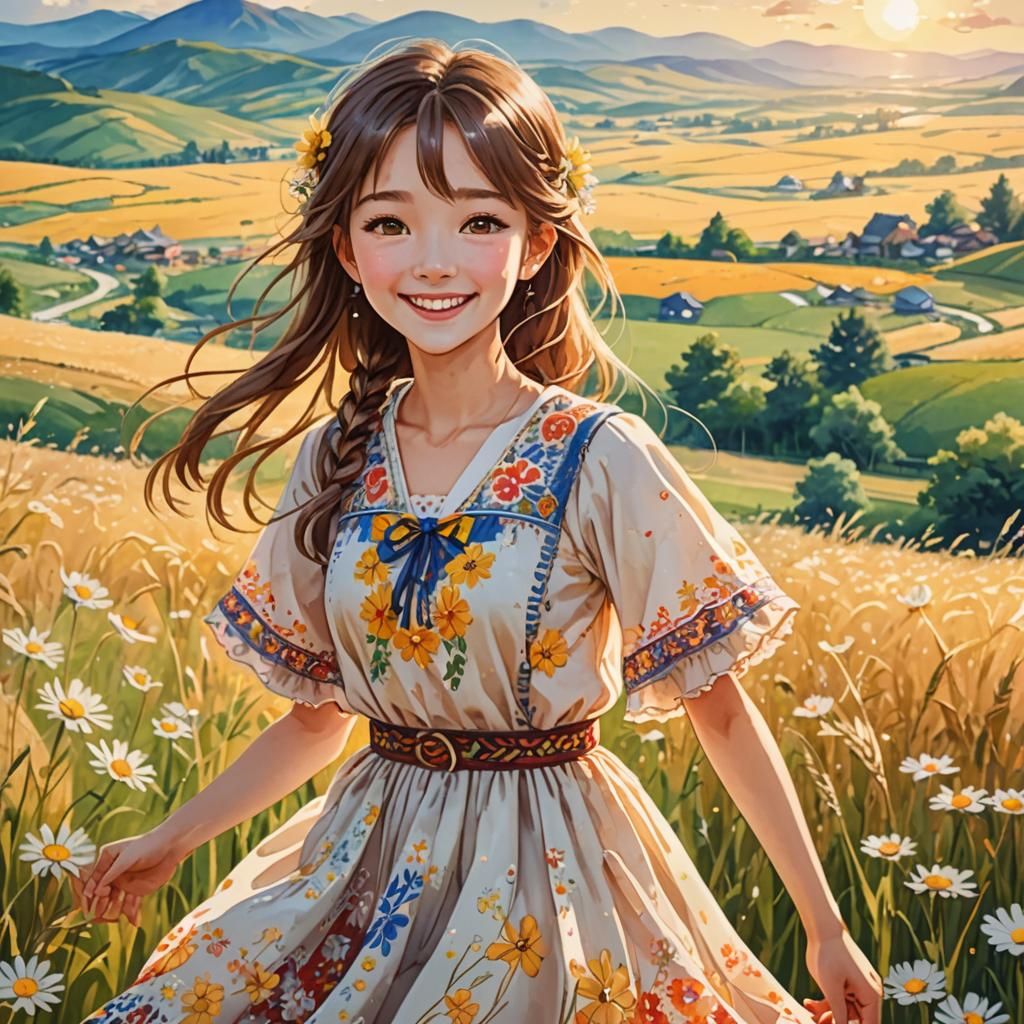 Anime Girl in Ukrainian Dress: Watercolor Landscape