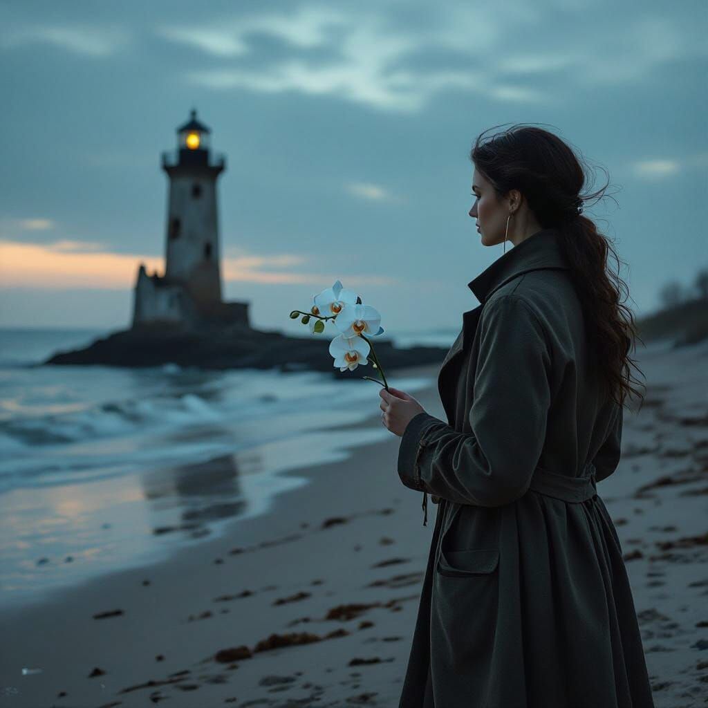 Woman, Lighthouse, and Orchid: Baroque Twilight Scene