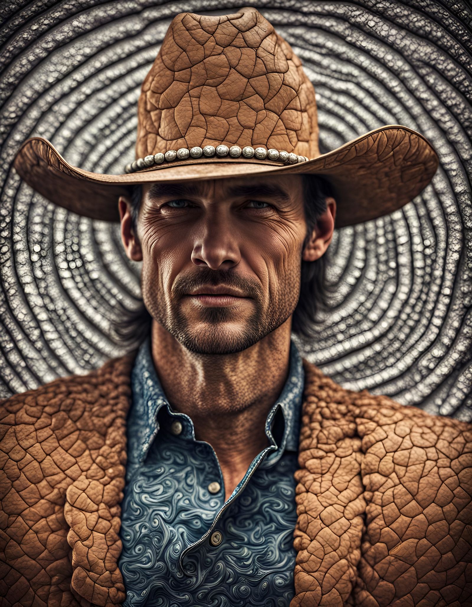 Textured Cowboy Portrait with Abstract Spiral Pattern