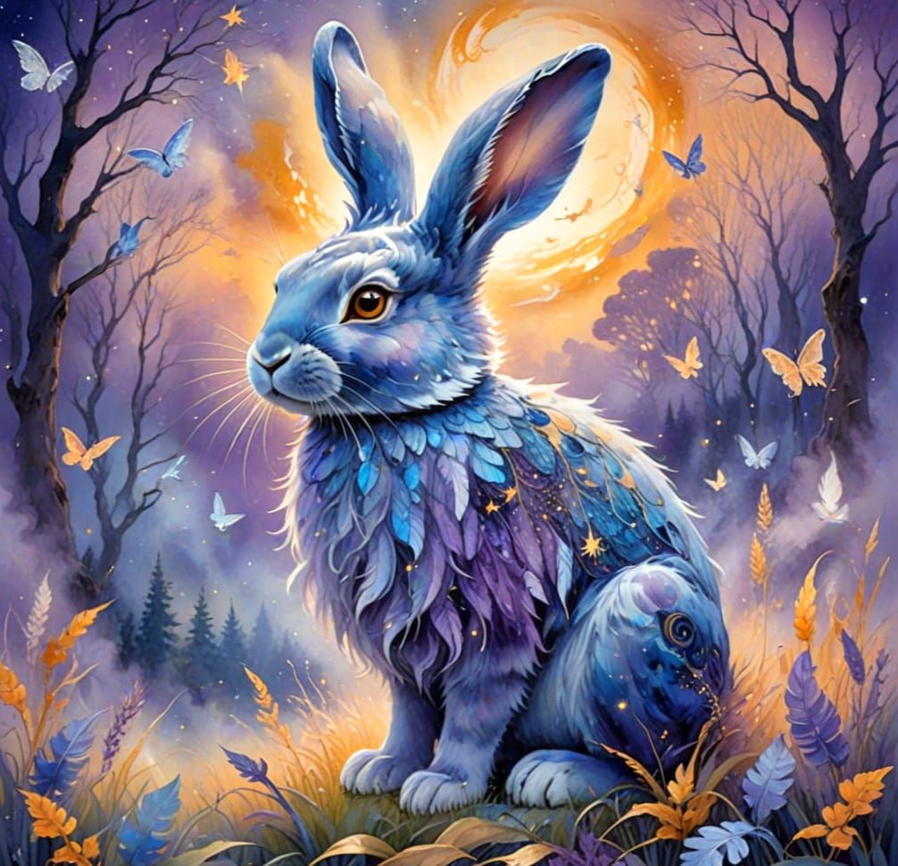 Ethereal Blue Rabbit Soars Through Whimsical Skies