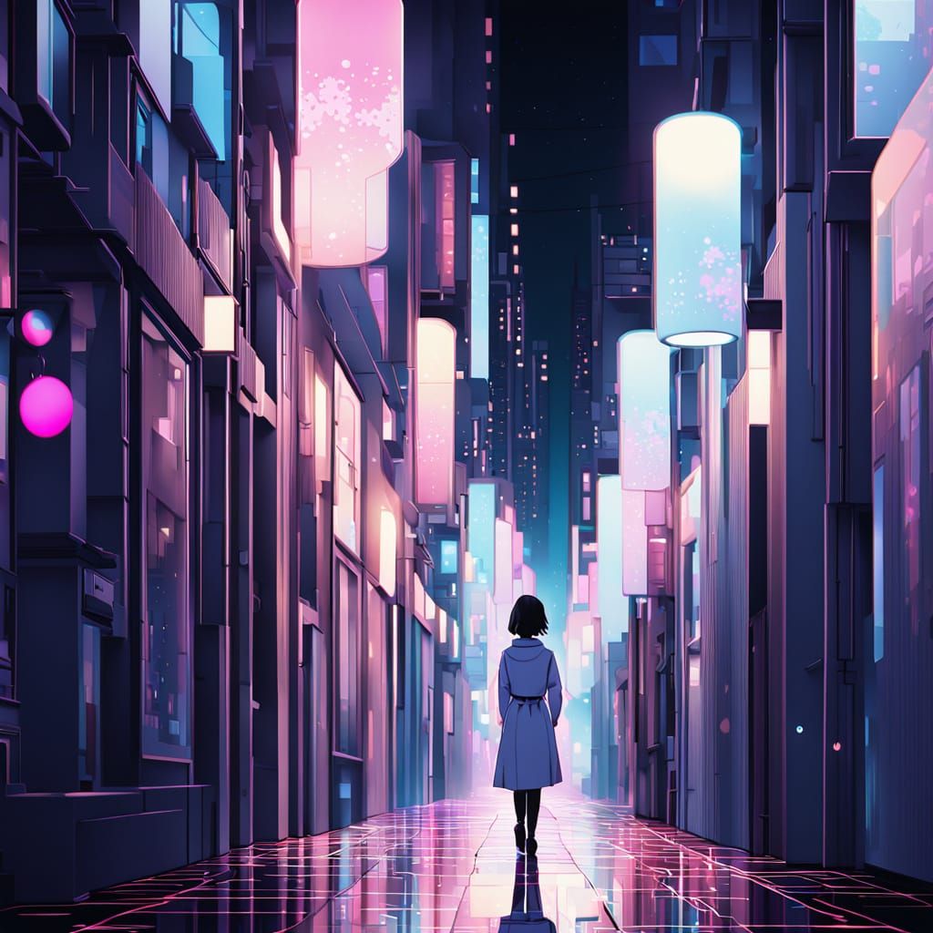 Young Woman in a Dimly Lit City Street at Midnight