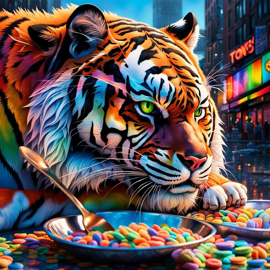 Depressed Tony the Tiger in Hyperrealistic Cereal Cityscape