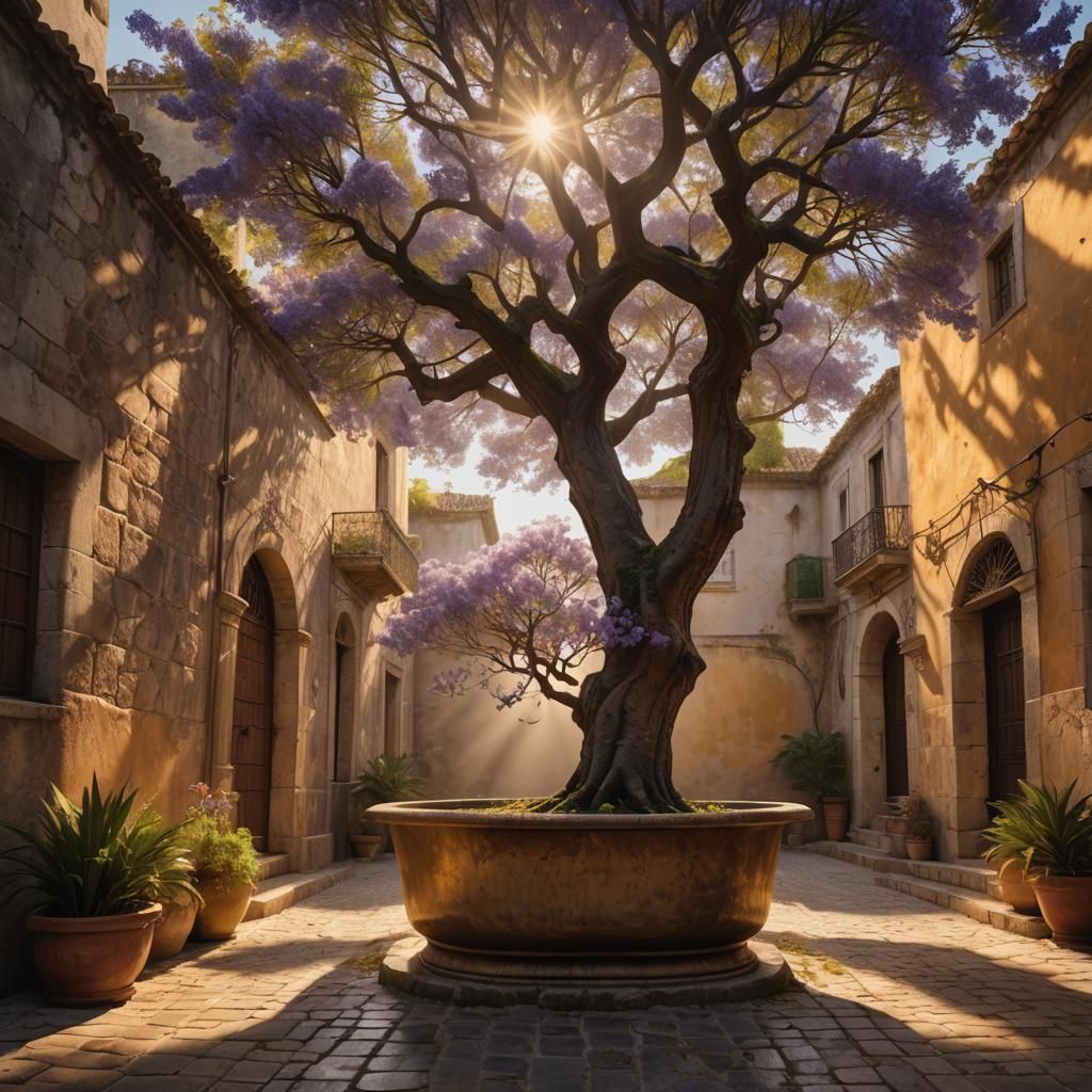 Jacaranda Tree in Portugal Courtyard: Digital Painting