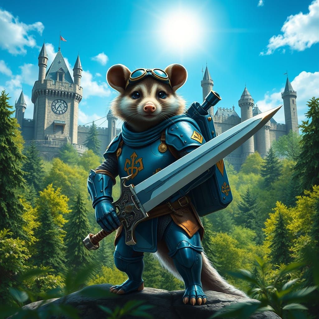 Heroic Possum Knight in Metallic Blue Armor Stands Tall in L...