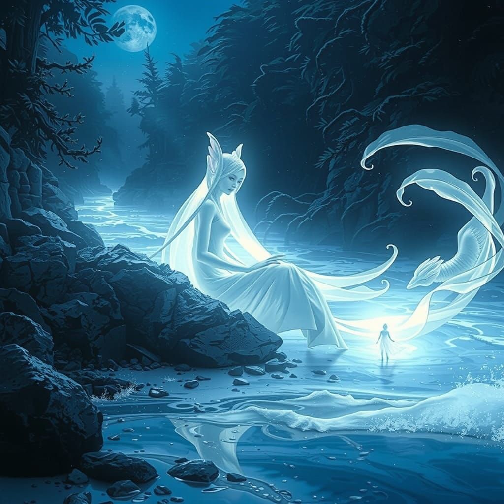 Dark Fantasy Water Fairy Concept Art in Eerie, Curvilinear S...