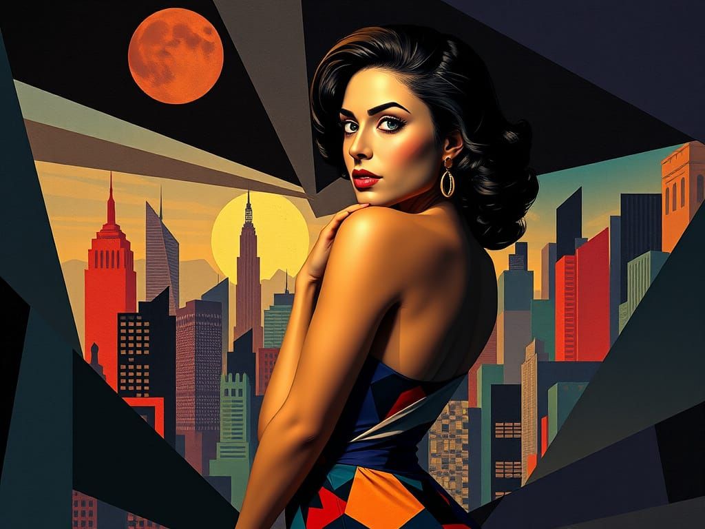 Angular Woman in Geometric Cityscape - Maximalist Art Deco C...