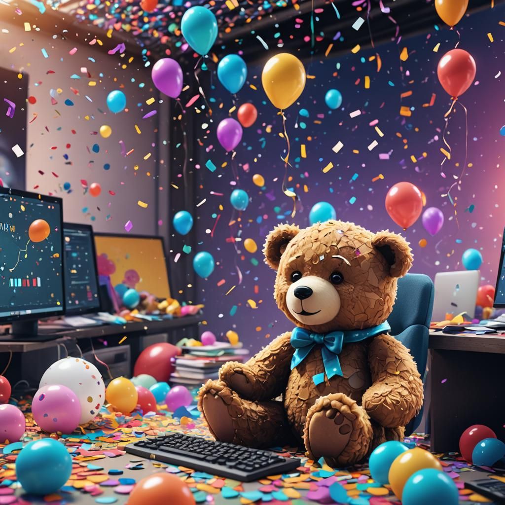 Cheerful Teddy Bear Celebrates Software Success